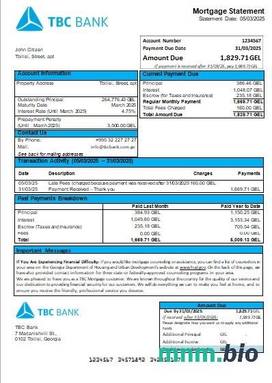 Gruzja Bank TBC wyciąg z kredytu hipotecznego szablon Word i PDF